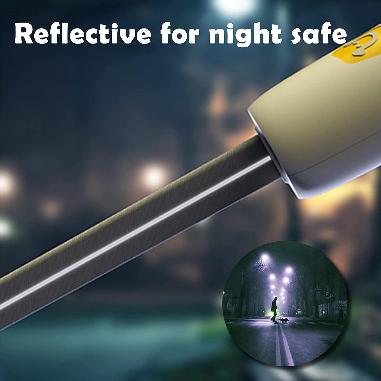 Reflective safety device on a pole with night scene and person with dog inset.